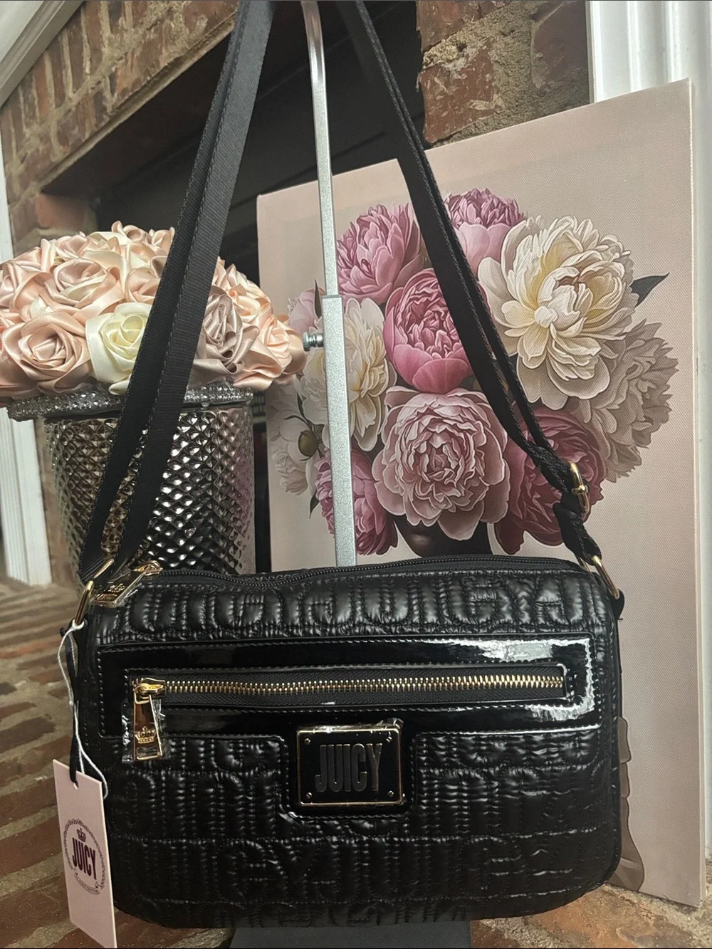 Juicy Couture Black Quilted Patent Crossbody with Gold Hardware